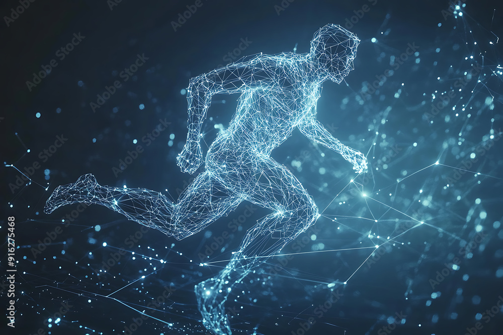 Poster abstract wireframe running man form lines and triangles, point connecting network