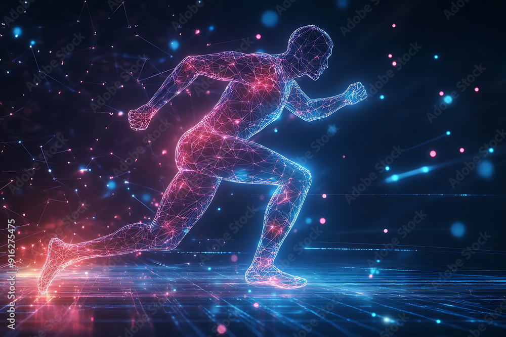 Poster abstract wireframe running man form lines and triangles, point connecting network