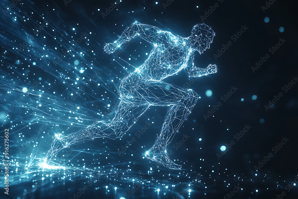 Poster abstract wireframe running man form lines and triangles, point connecting network