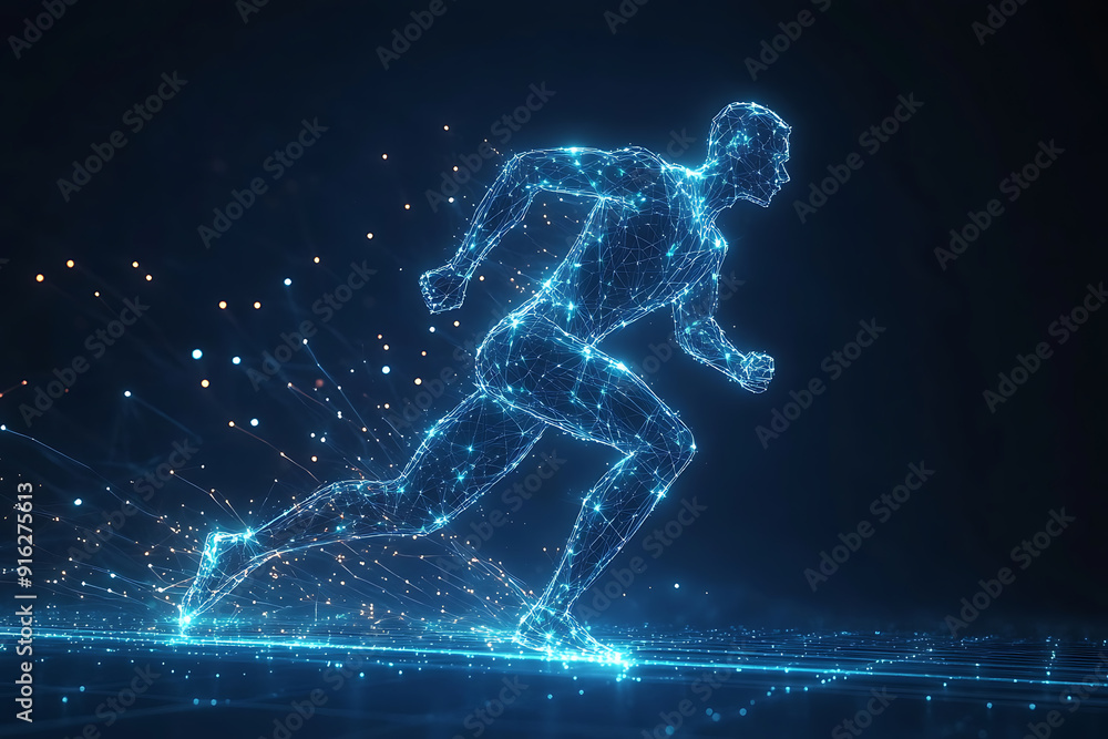 Poster abstract wireframe running man form lines and triangles, point connecting network