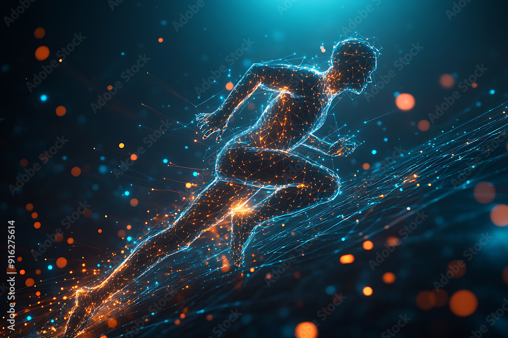 Poster abstract wireframe running man form lines and triangles, point connecting network