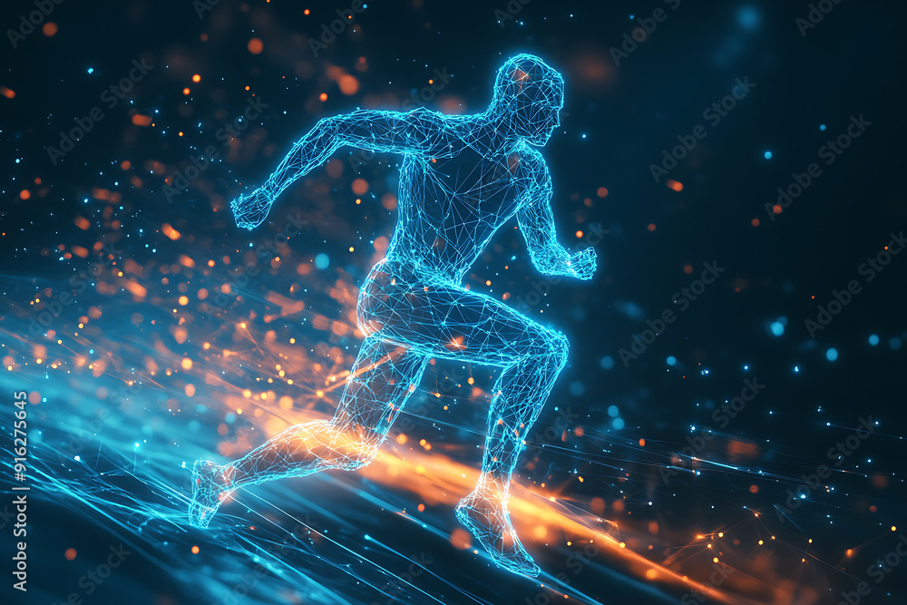 Poster abstract wireframe running man form lines and triangles, point connecting network