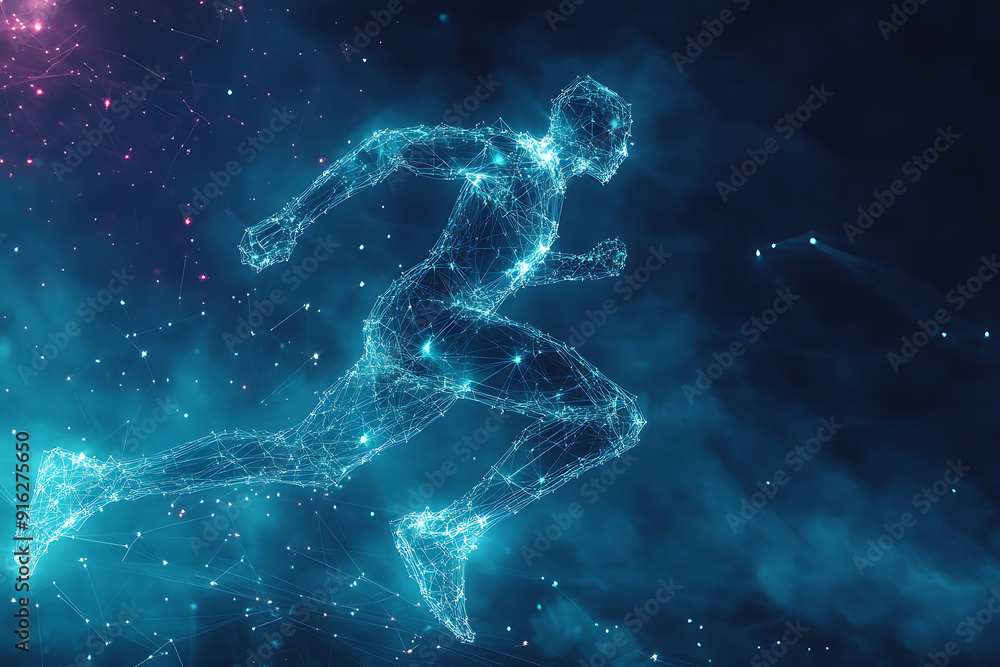 Poster abstract wireframe running man form lines and triangles, point connecting network
