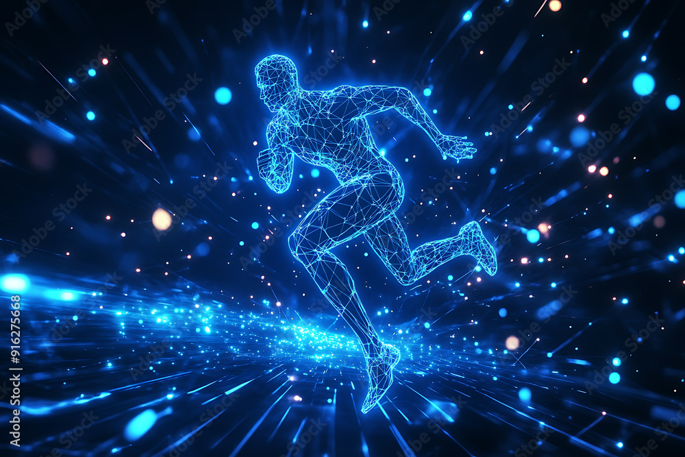 Poster abstract wireframe running man form lines and triangles, point connecting network