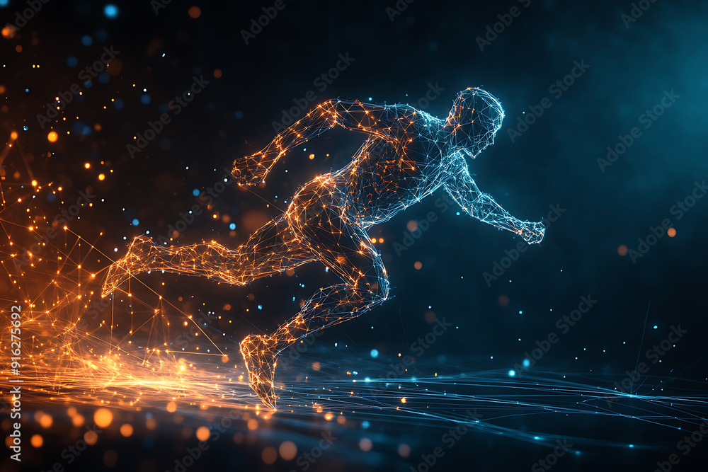 Poster abstract wireframe running man form lines and triangles, point connecting network