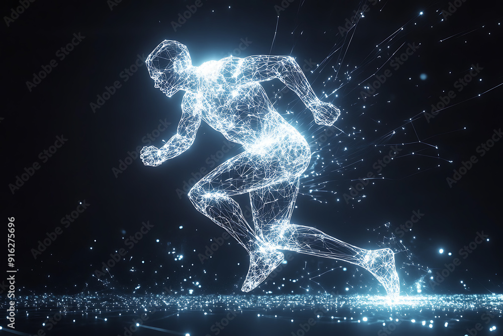 Poster abstract wireframe running man form lines and triangles, point connecting network