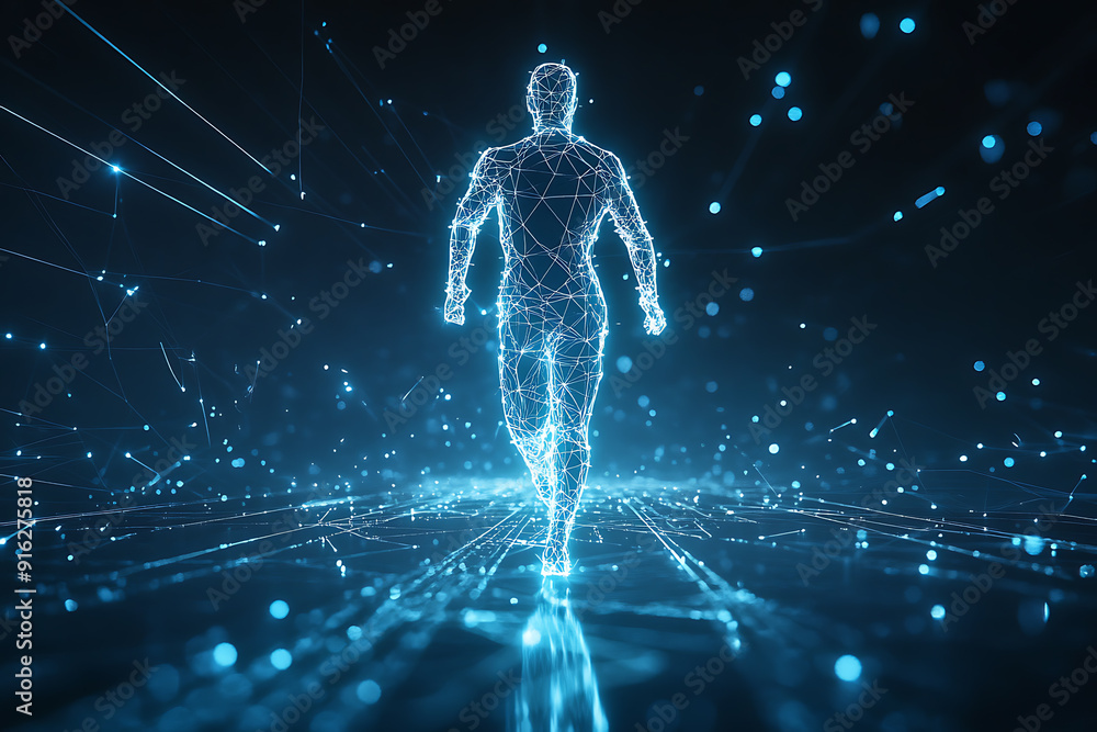 Poster abstract wireframe running man form lines and triangles, point connecting network