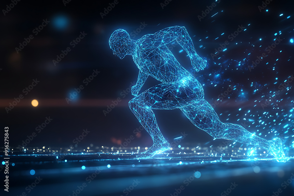 Poster abstract wireframe running man form lines and triangles, point connecting network