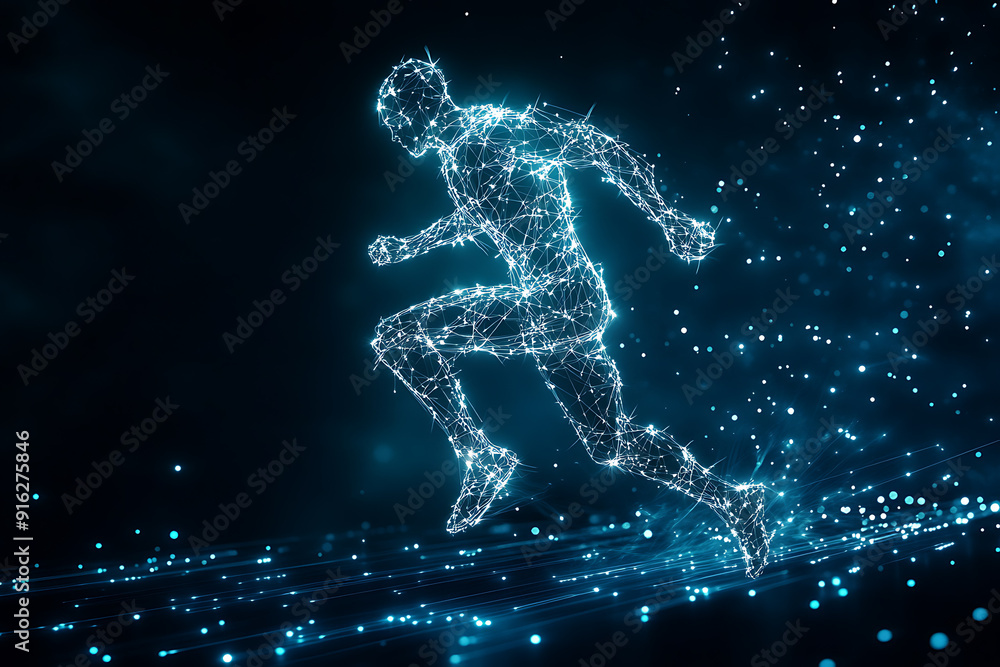 Poster abstract wireframe running man form lines and triangles, point connecting network