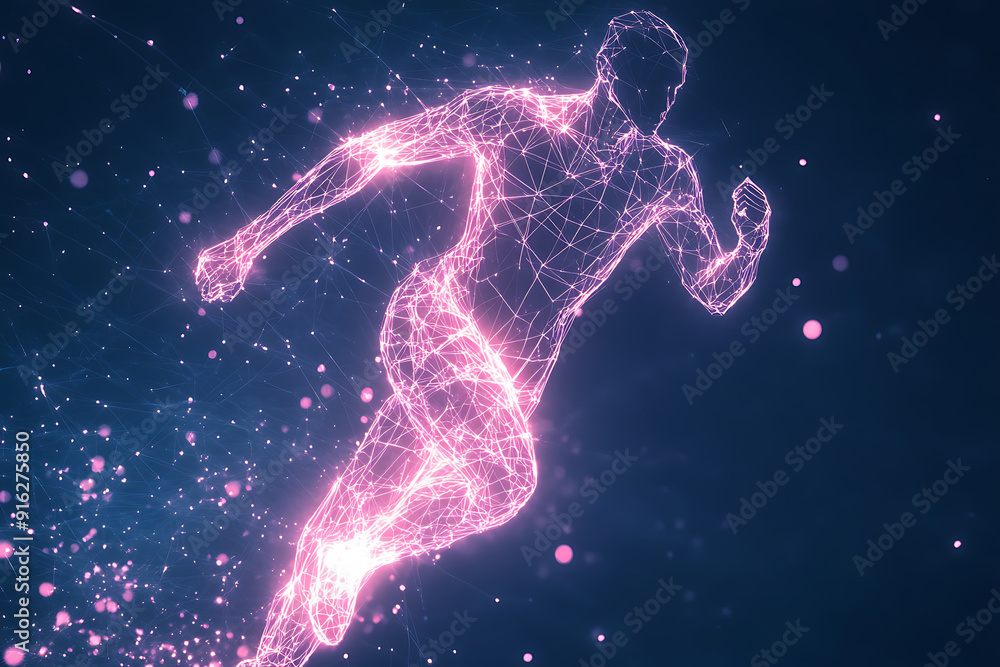 Poster abstract wireframe running man form lines and triangles, point connecting network