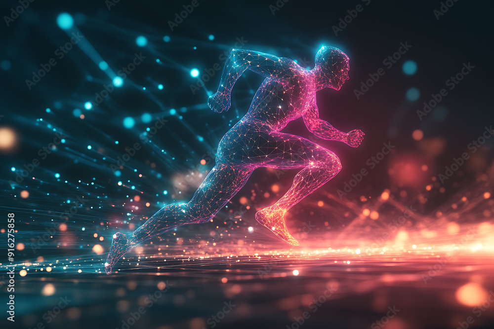 Poster abstract wireframe running man form lines and triangles, point connecting network