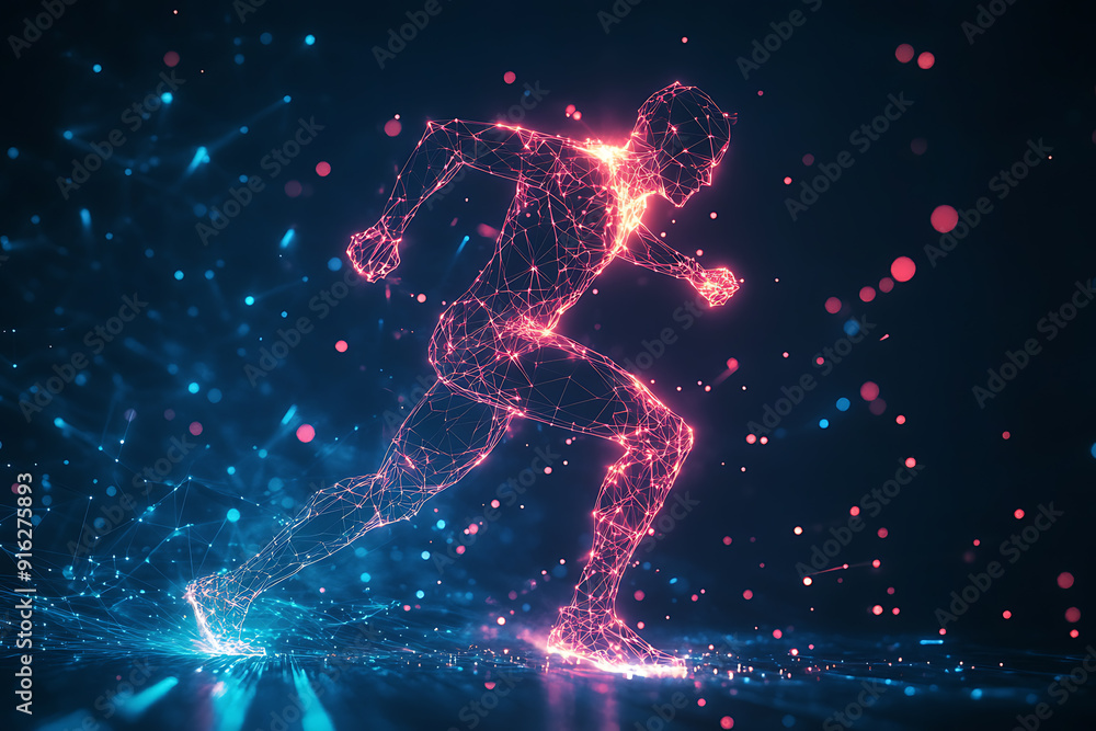Poster abstract wireframe running man form lines and triangles, point connecting network
