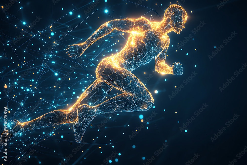 Poster abstract wireframe running man form lines and triangles, point connecting network
