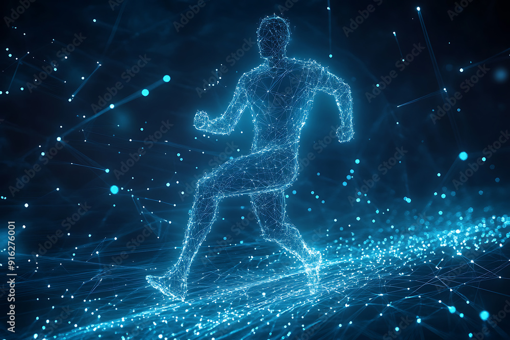 Poster abstract wireframe running man form lines and triangles, point connecting network