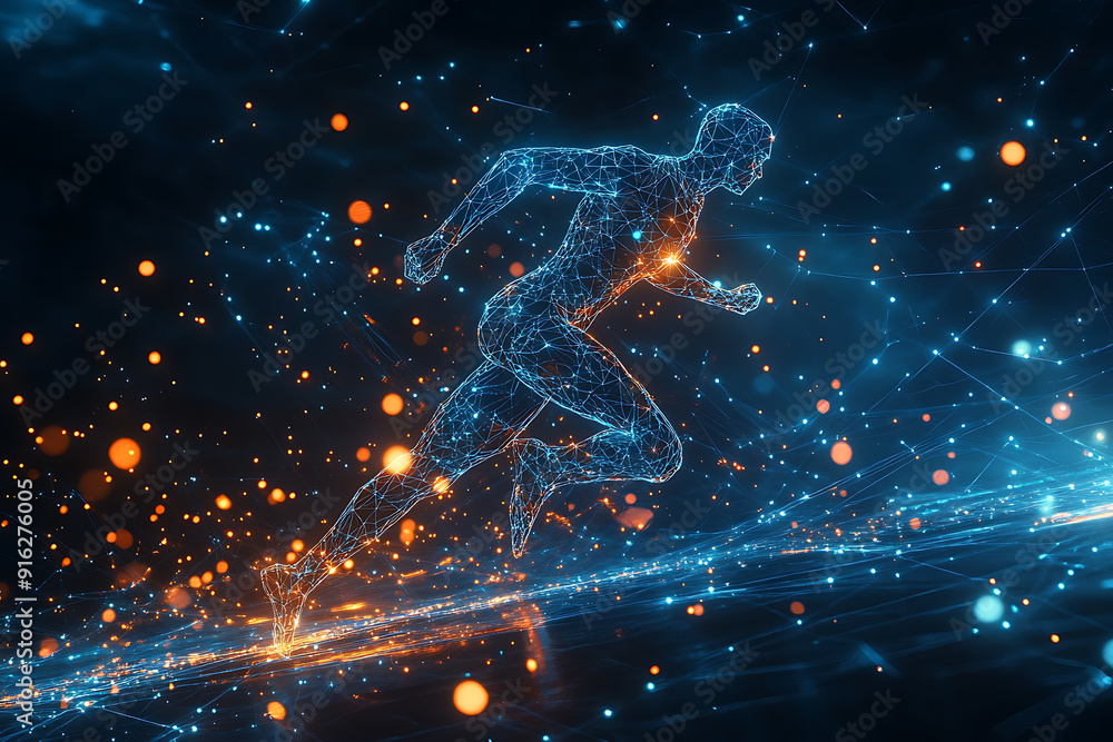 Poster abstract wireframe running man form lines and triangles, point connecting network