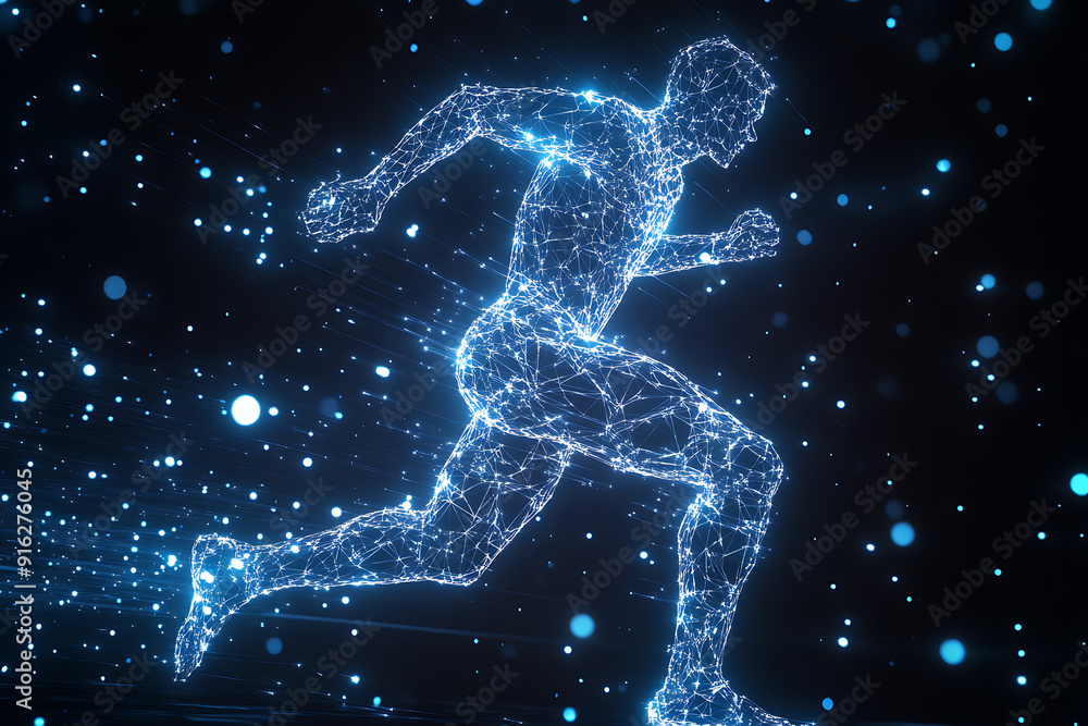 Poster abstract wireframe running man form lines and triangles, point connecting network