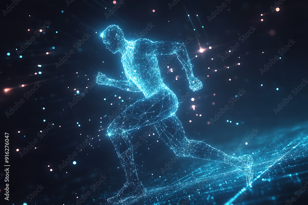 Poster abstract wireframe running man form lines and triangles, point connecting network