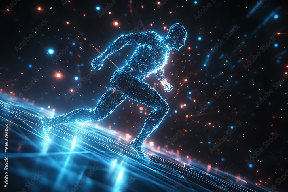 Poster abstract wireframe running man form lines and triangles, point connecting network