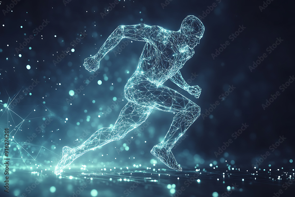 Poster abstract wireframe running man form lines and triangles, point connecting network