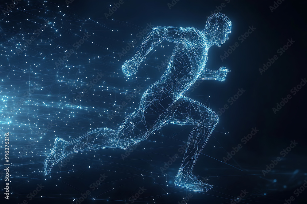Poster abstract wireframe running man form lines and triangles, point connecting network