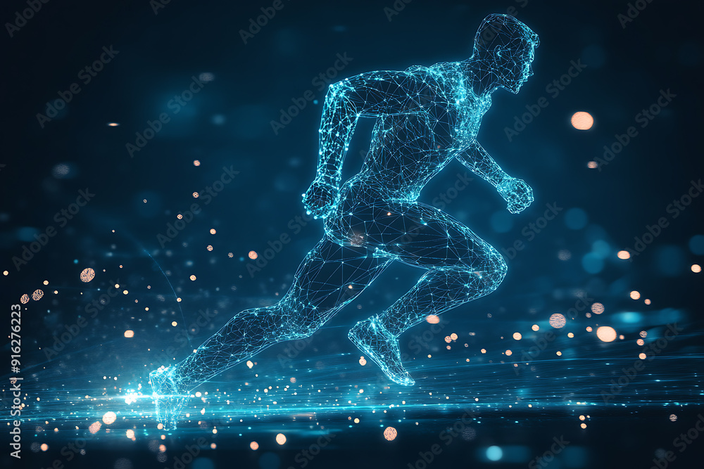 Poster abstract wireframe running man form lines and triangles, point connecting network