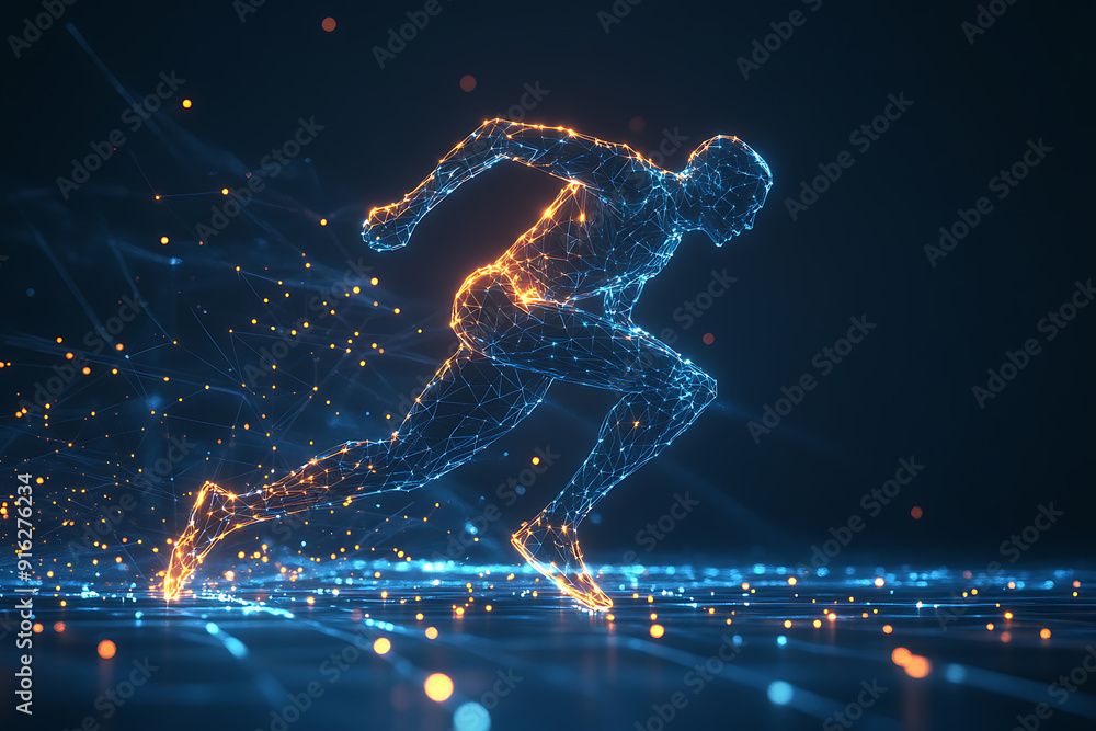 Poster abstract wireframe running man form lines and triangles, point connecting network