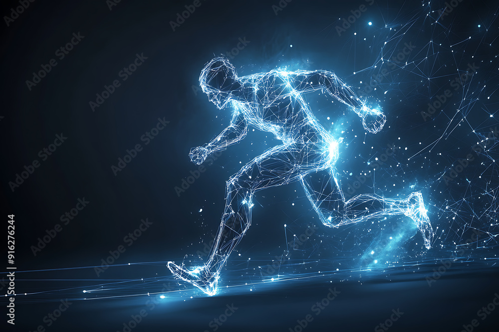 Poster abstract wireframe running man form lines and triangles, point connecting network