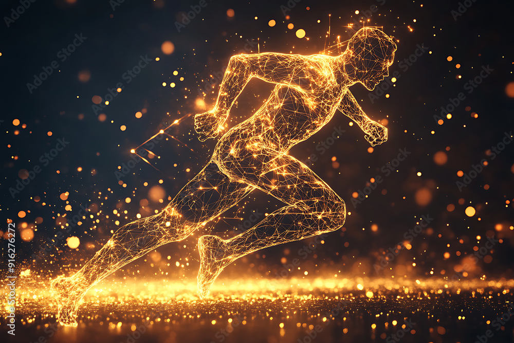 Poster abstract wireframe running man form lines and triangles, point connecting network