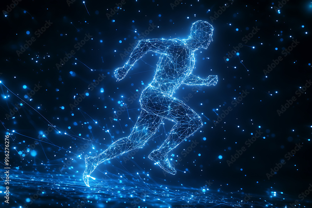 Poster abstract wireframe running man form lines and triangles, point connecting network