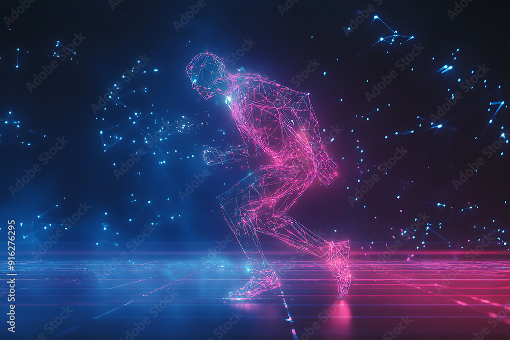 Poster abstract wireframe running man form lines and triangles, point connecting network