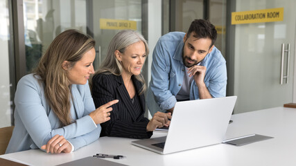 Senior mentor woman training staff of employees, showing professional app, software, online...