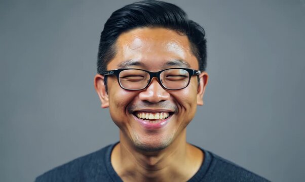 Portrait of a smiling asian man wearing eyeglasses on grey background