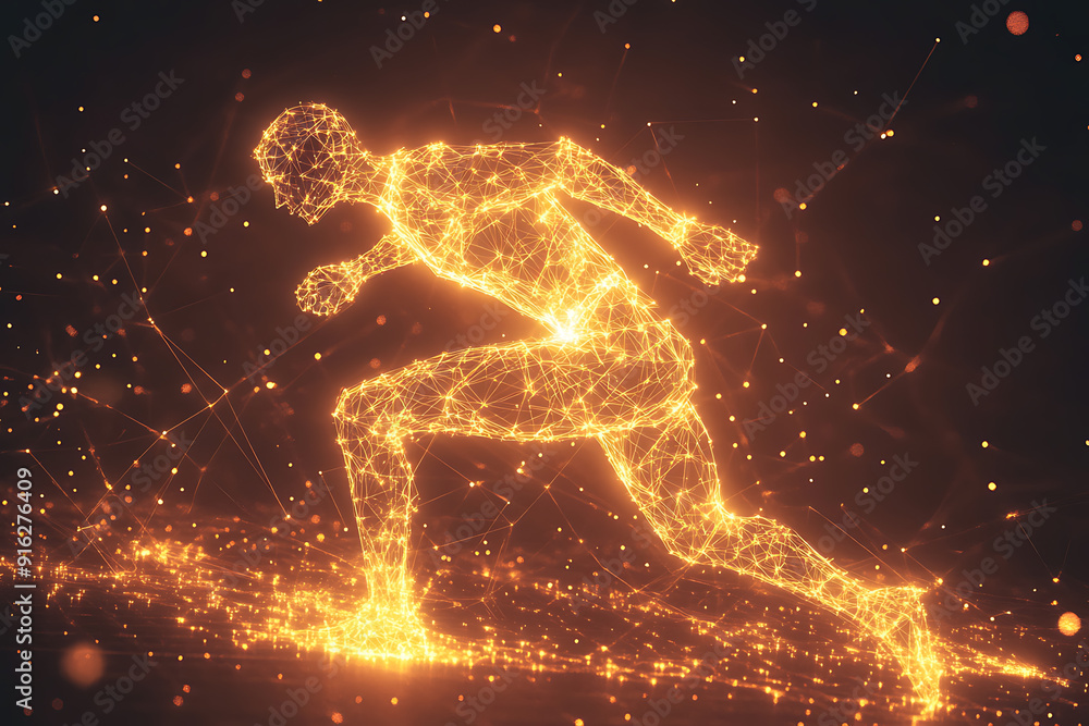 Poster abstract wireframe running man form lines and triangles, point connecting network