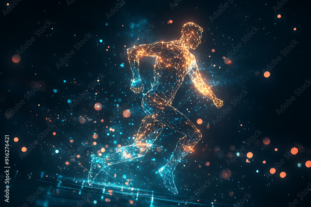 Poster abstract wireframe running man form lines and triangles, point connecting network