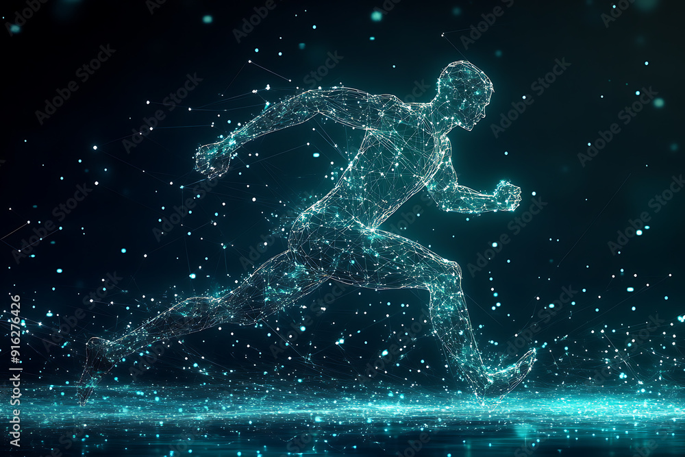 Poster abstract wireframe running man form lines and triangles, point connecting network