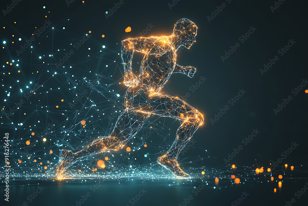 Poster abstract wireframe running man form lines and triangles, point connecting network