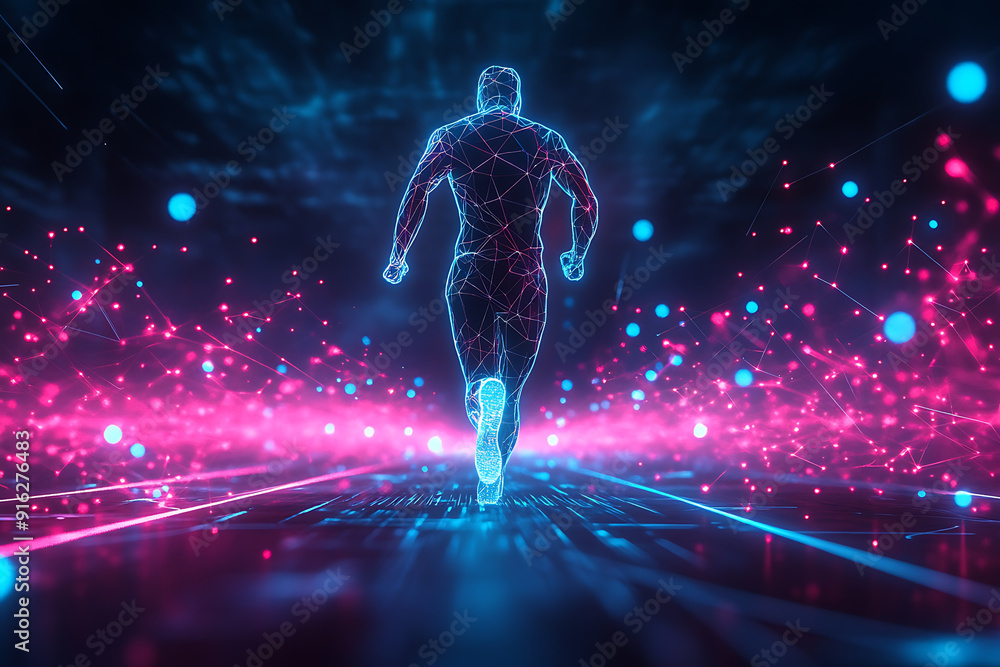 Poster abstract wireframe running man form lines and triangles, point connecting network