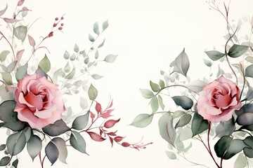 Watercolor painting of two pink roses with green leaves on a white background.