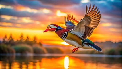 Fototapeta premium Gorgeous sunset scenery with a beautiful Mandarin duck in flight, mandarin duck, sunset, flying, bird, nature, colorful, wildlife