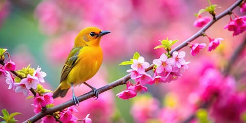 Fototapeta premium Colourful yellow bird perched on pink blossoms in a scenic park garden setting, colourful, yellow bird, pink, blossoms, scenic