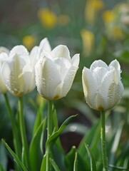 Fresh White Tulips with Dew Drops in Spring Garden