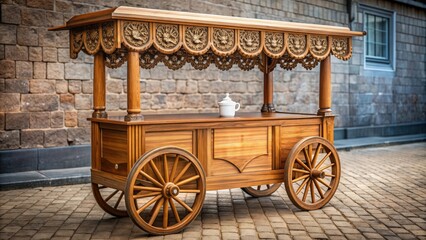 Traditional wooden ice cream cart with ornate carvings and vintage wheels , isolated, vintage, ice cream, cart, traditional