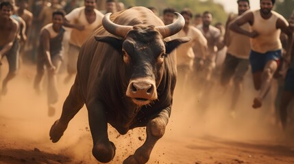 Intense moment of a traditional bull race with participants running alongside the bulls, cultural event