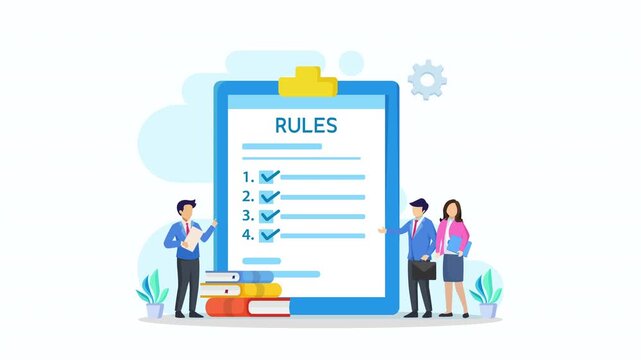 Business people studying list of rules, reading guidance, making checklist 2d video animation 4k clip