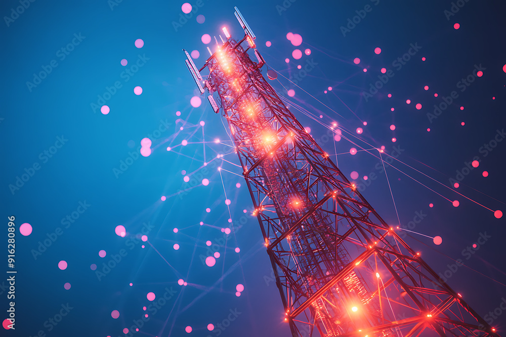Poster 3d base station receiver. telecommunication tower 5g,6g polygonal design global connection informati