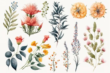 Watercolor painting of various flowers and leaves.