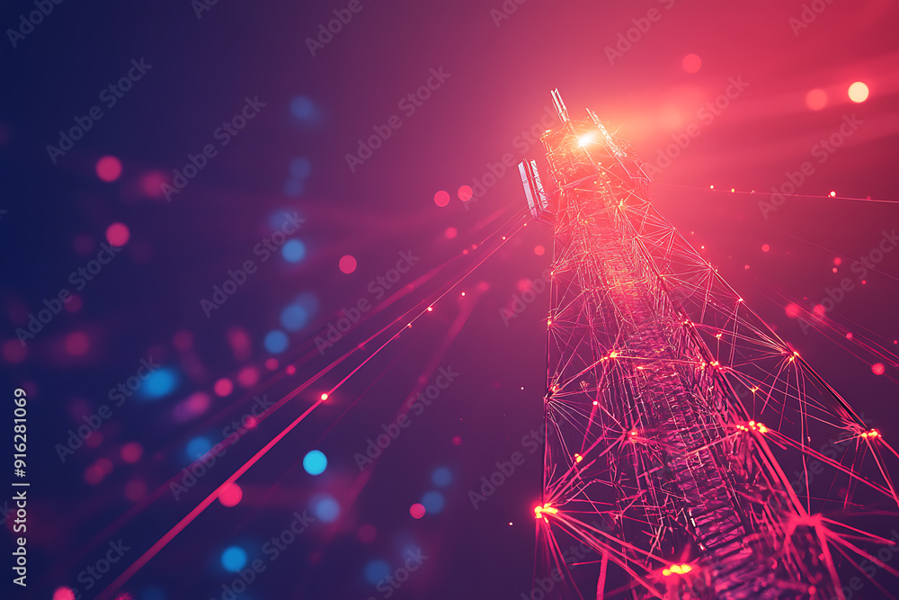 Poster 3d base station receiver. telecommunication tower 5g,6g polygonal design global connection informati