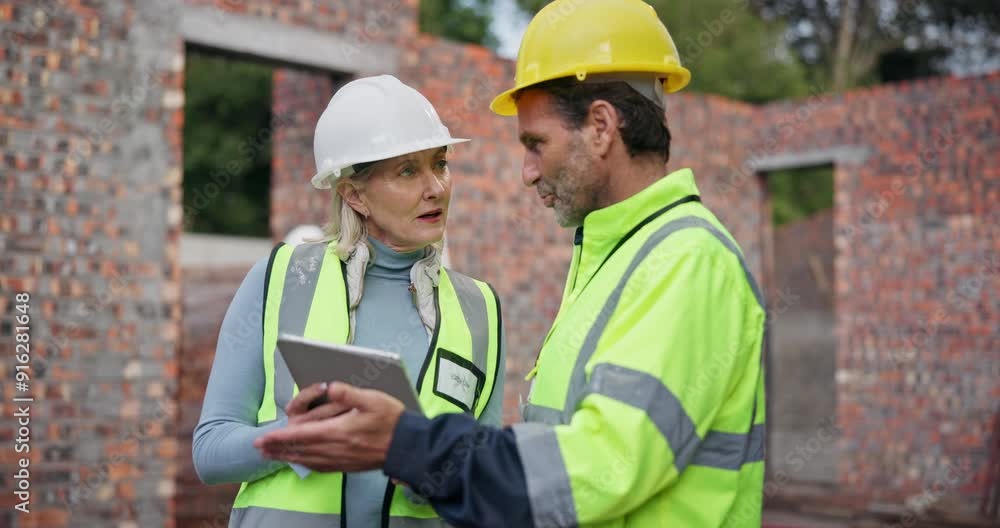 Poster Architect, planning and collaboration on construction site with tablet for architecture, development and project. Mature man, update and teamwork with contractor for engineering or building progress