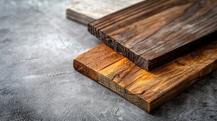 Wood samples on concrete table for vintage interior design concept.