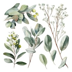 Watercolor painting of various green leaves and branches, isolated on white background.